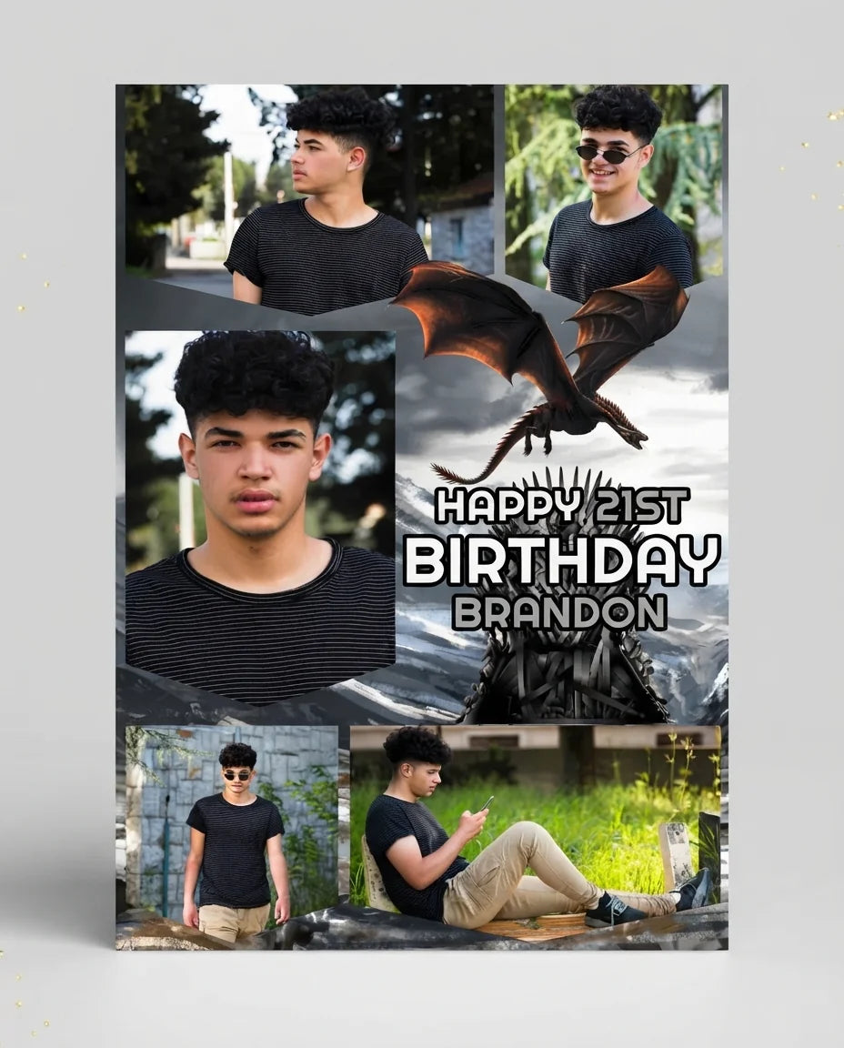 Personalised Game of Thrones Birthday Party Mega Card displayed against a plain studio background