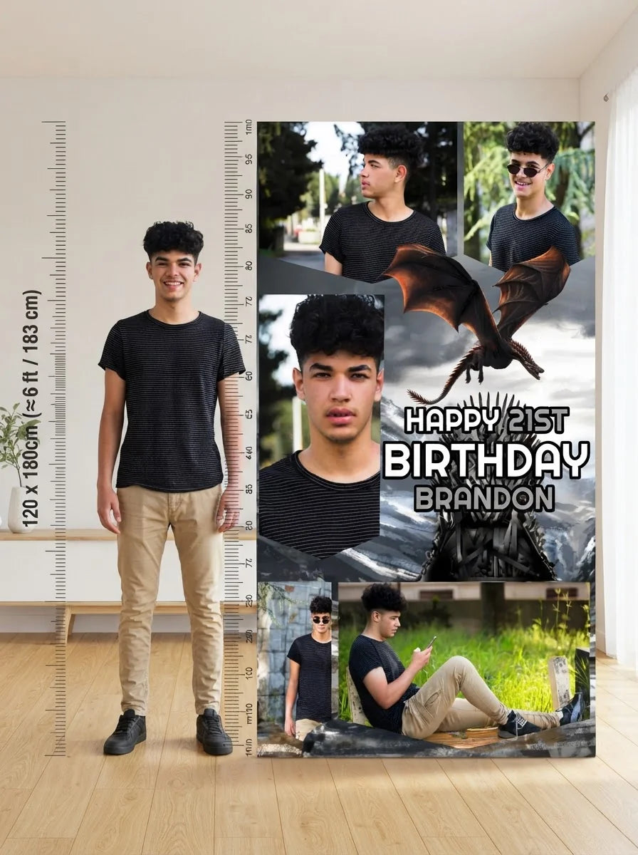 Person standing beside the Game of Thrones Birthday Party Mega Card for scale in a size guide