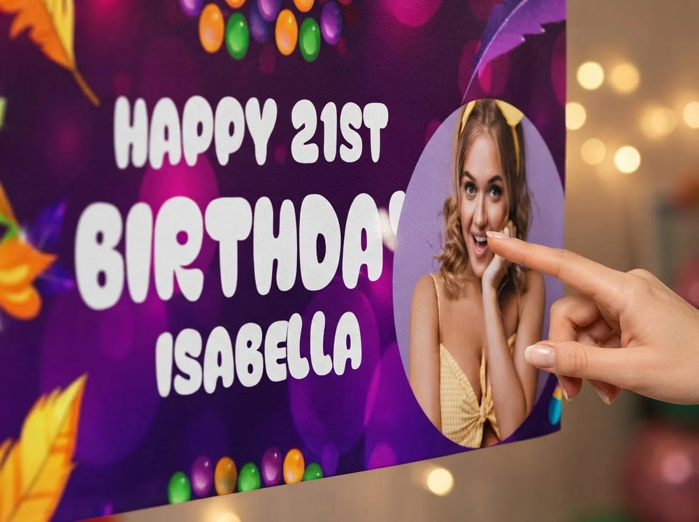 Close-up of the personalised name and photo printed on the Masquerade Theme Birthday Party Banner