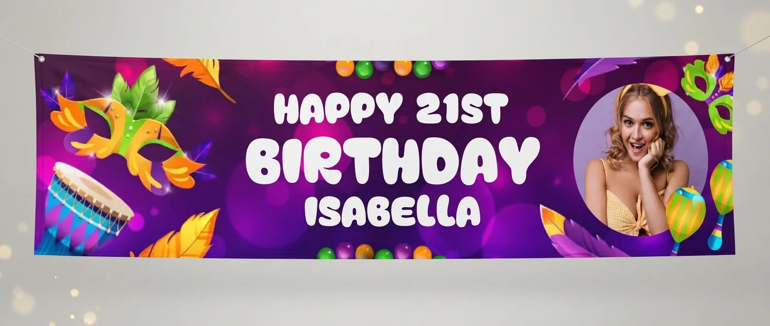 Personalised Masquerade Theme Birthday Party Banner displayed against a plain studio background