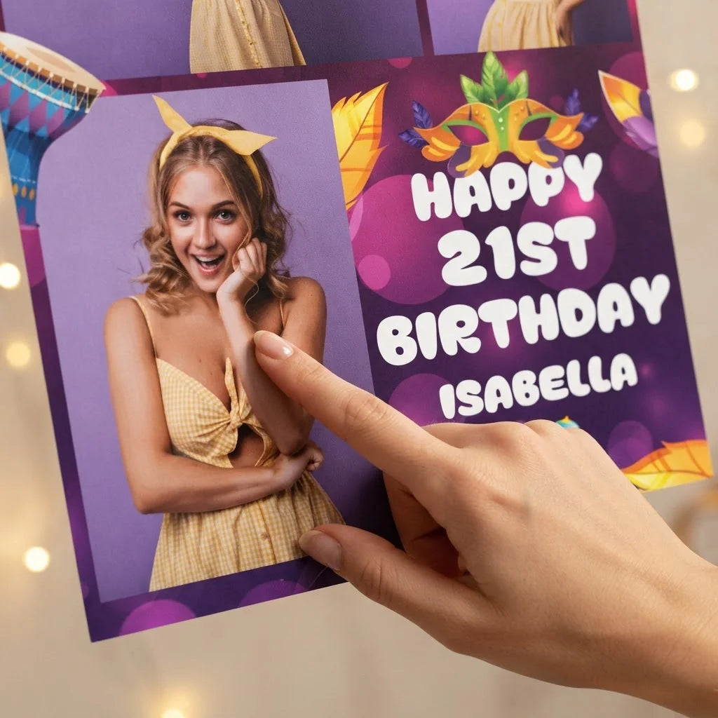 Close-up of the personalised name and photo printed on the Masquerade Theme Birthday Party Mega Card
