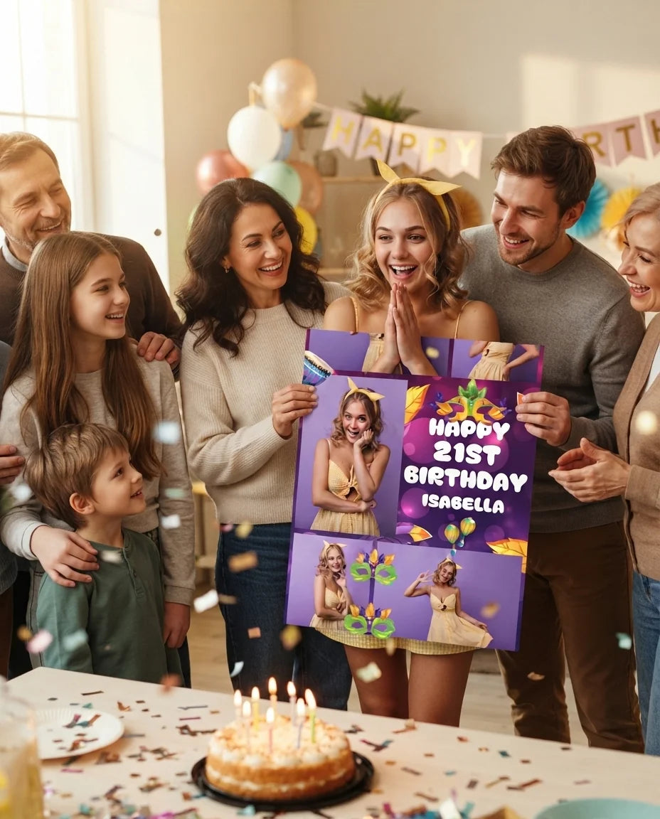 Friends and family celebrating with the personalised Masquerade Theme Birthday Party Mega Card