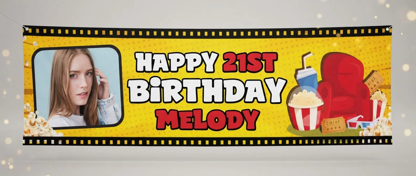 Personalised Movie Night Birthday Party Banner displayed against a plain studio background