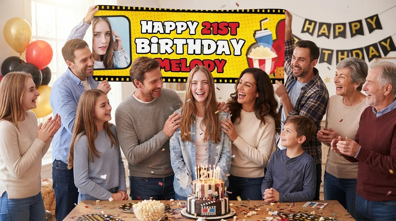 Friends and family celebrating with the personalised Movie Night Birthday Party Banner