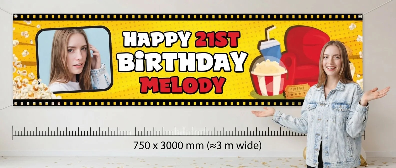 Person standing beside the Movie Night Birthday Party Banner for scale, with size guide showing 750 x 3000 mm