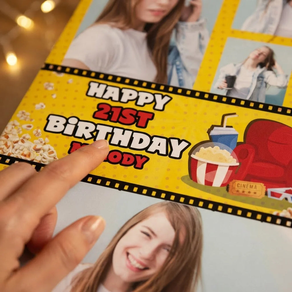 Close-up of the personalised name and photo printed on the Movie Night Birthday Party Mega Card