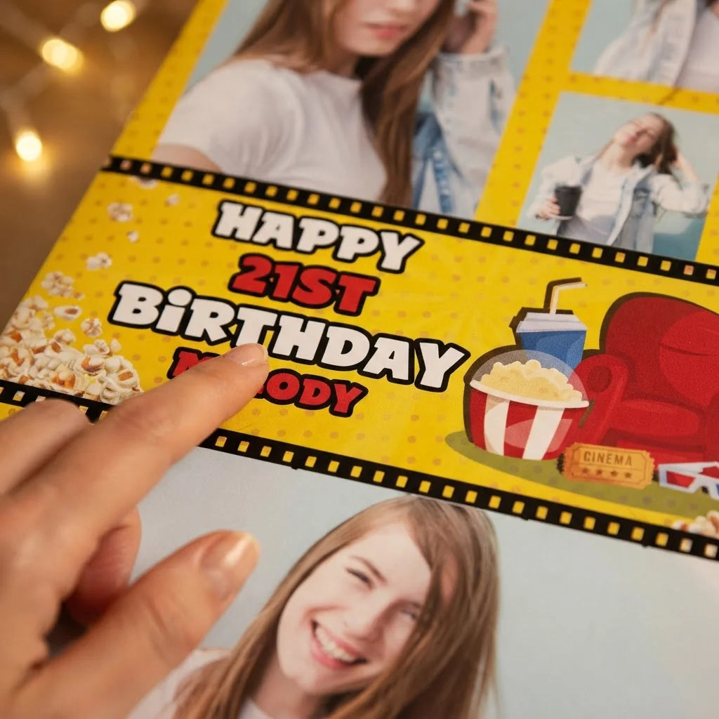 Close-up of the personalised name and photo printed on the Movie Night Birthday Party Mega Card