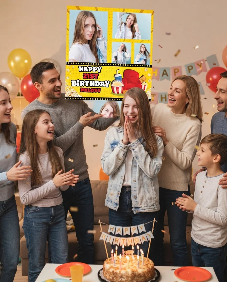 Friends and family celebrating with the personalised Movie Night Birthday Party Mega Card