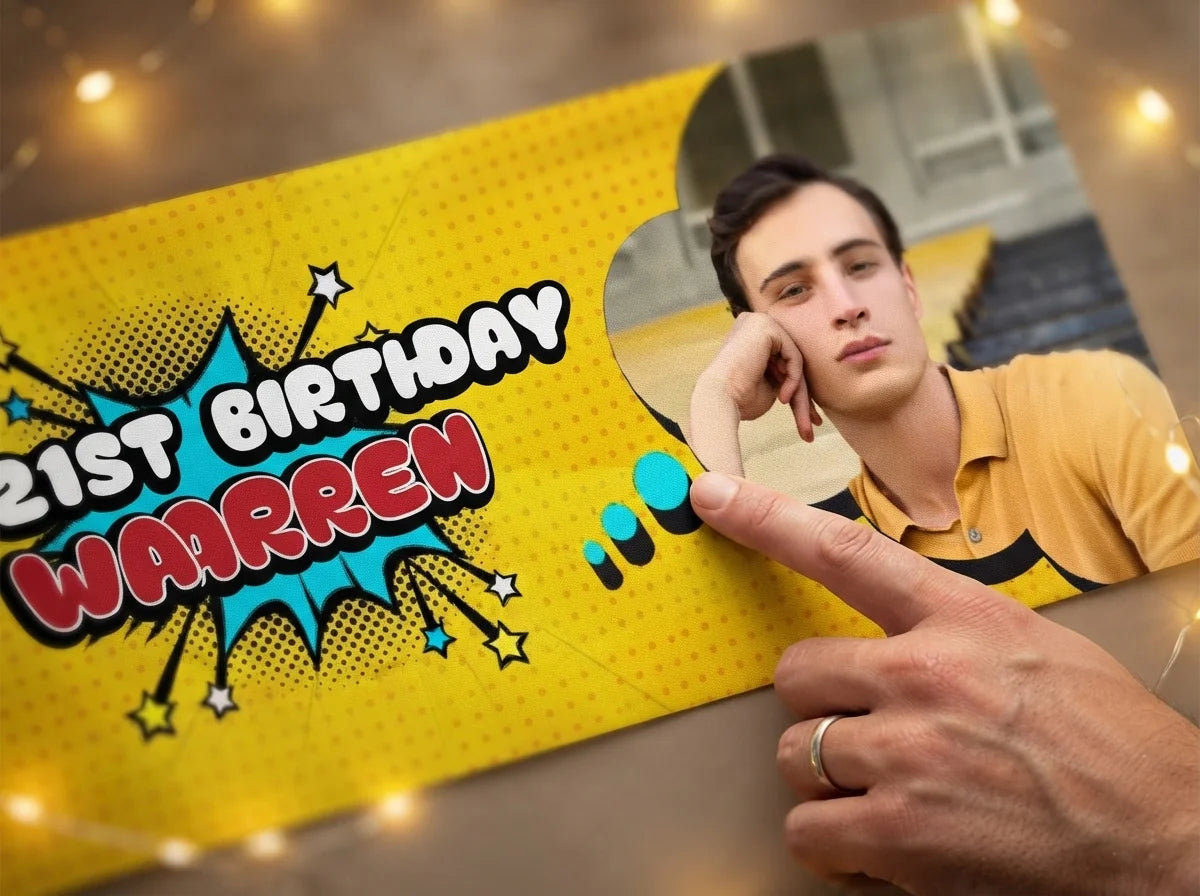 Close-up of the personalised name and photo printed on the PopArt Theme Birthday Party Banner