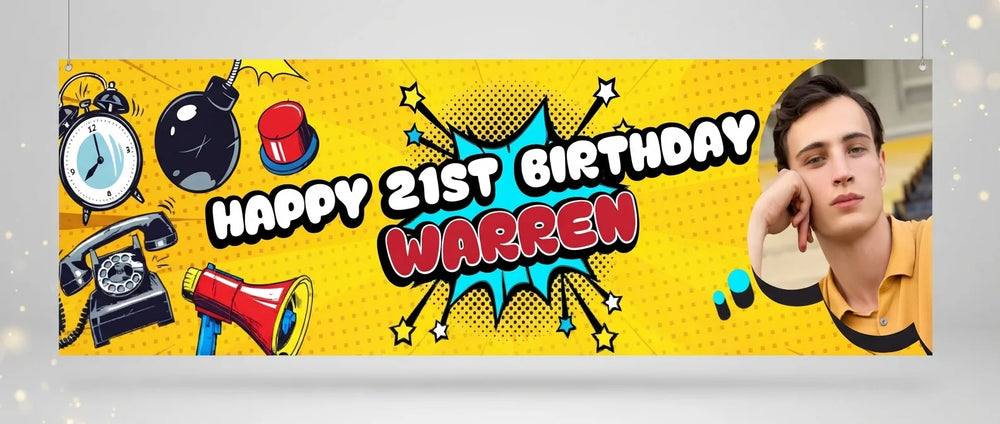 Personalised PopArt Theme Birthday Party Banner displayed against a plain studio background