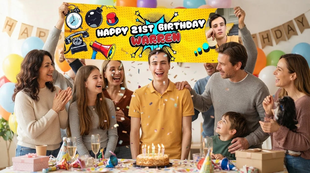 Friends and family celebrating with the personalised PopArt Theme Birthday Party Banner