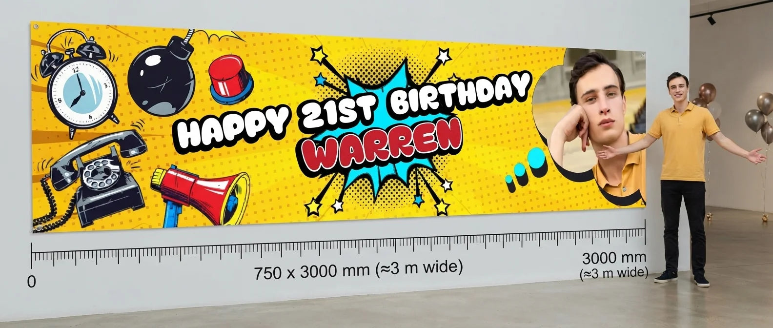 Person standing beside the PopArt Theme Birthday Party Banner for scale, with size guide showing 750 x 3000 mm