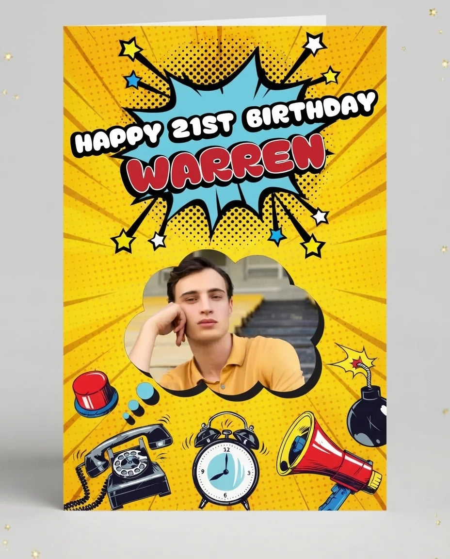 Personalised PopArt Theme Birthday Party Mega Card displayed against a plain studio background