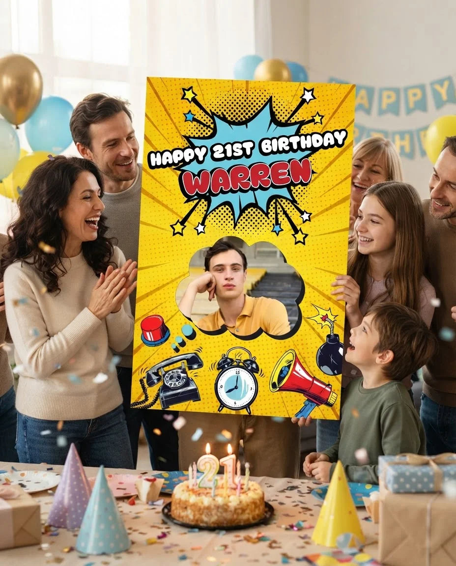 Friends and family celebrating with the personalised PopArt Theme Birthday Party Mega Card