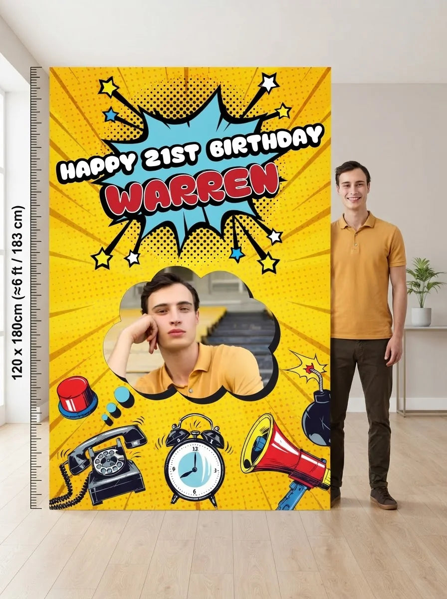 Person standing beside the PopArt Theme Birthday Party Mega Card for scale in a size guide