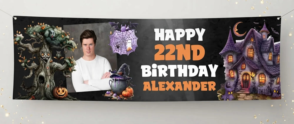Personalised Halloween Haunted Birthday Party Banner displayed against a plain studio background