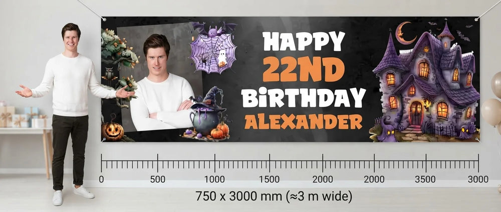 Person standing beside the Halloween Haunted Birthday Party Banner for scale, with size guide showing 750 x 3000 mm