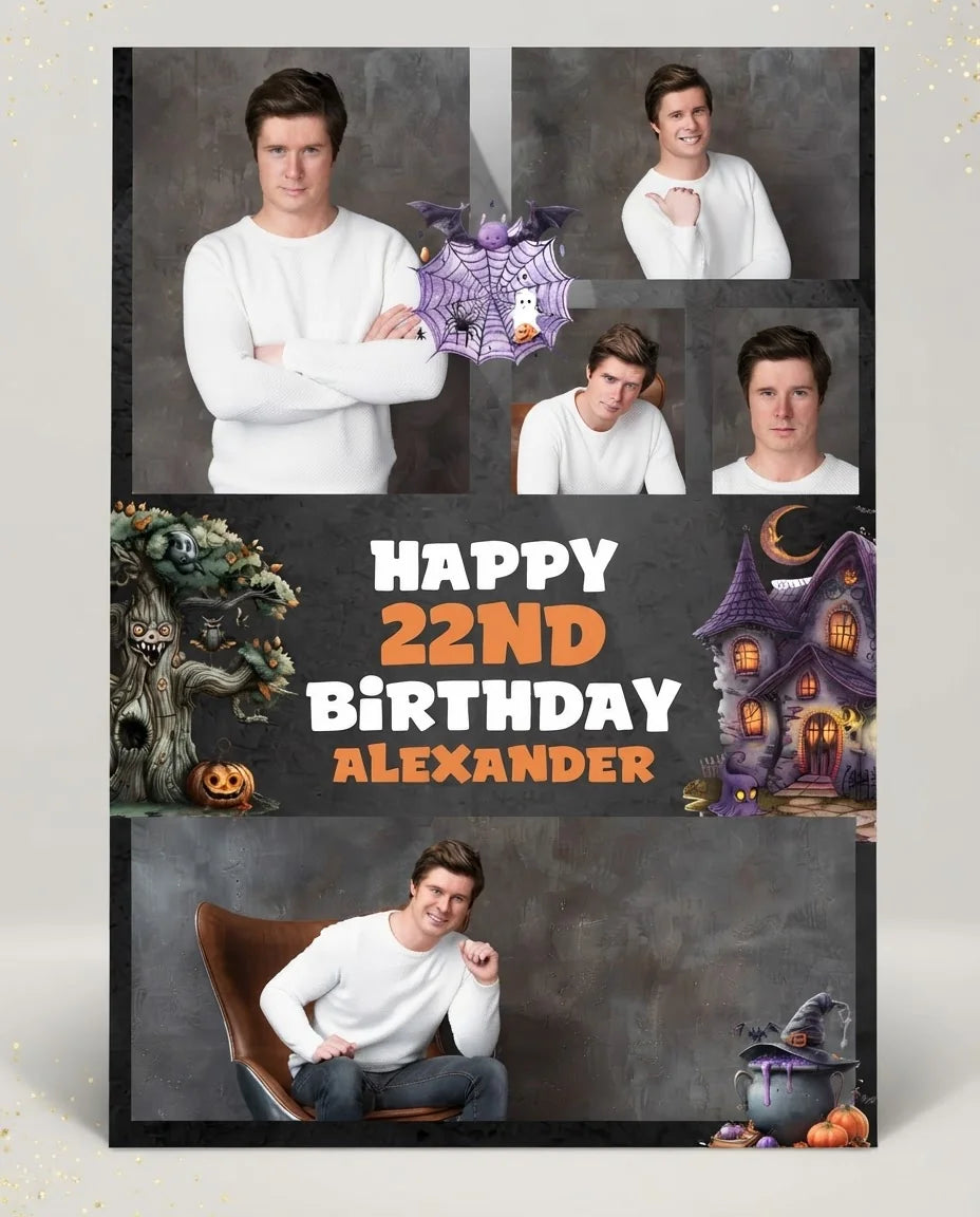 Personalised Halloween Haunted Birthday Party Mega Card displayed against a plain studio background