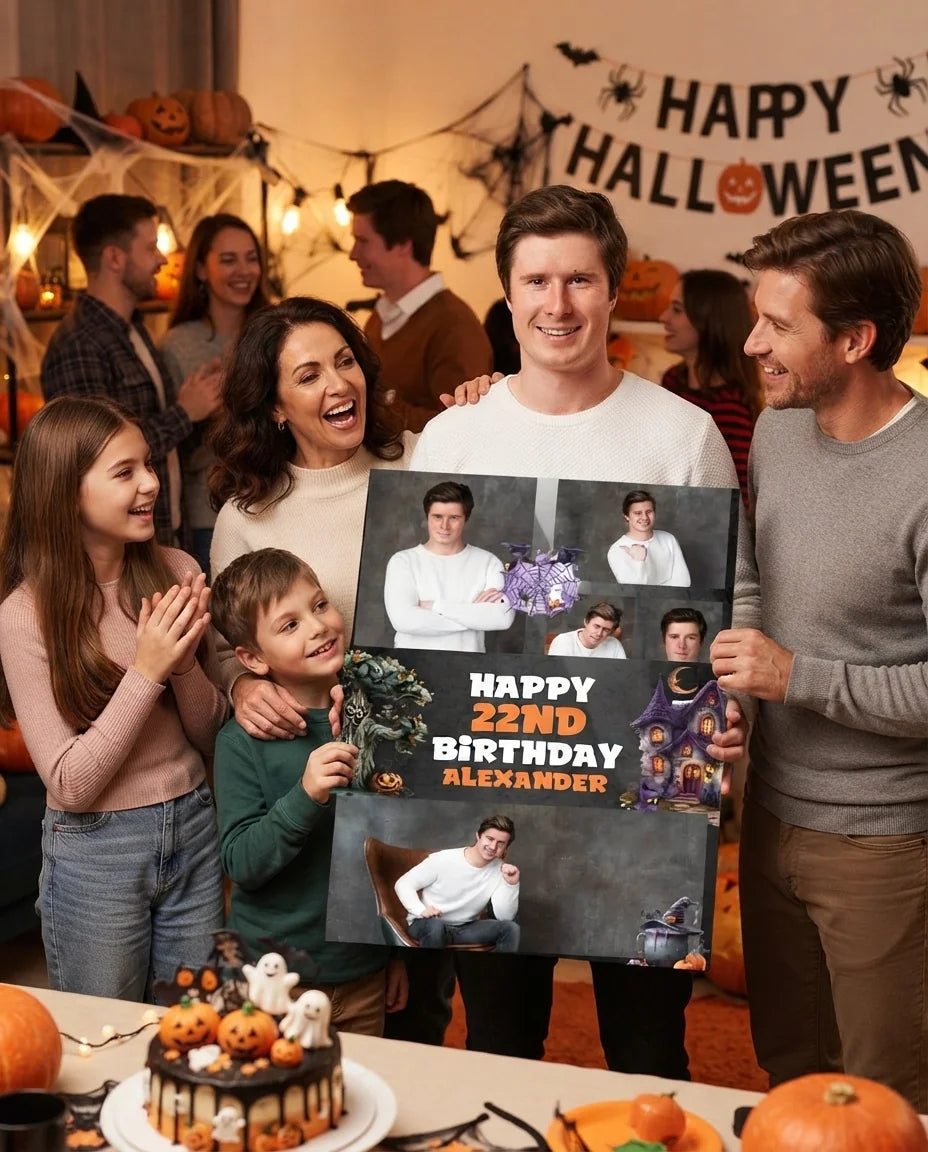 Friends and family celebrating with the personalised Halloween Haunted Birthday Party Mega Card