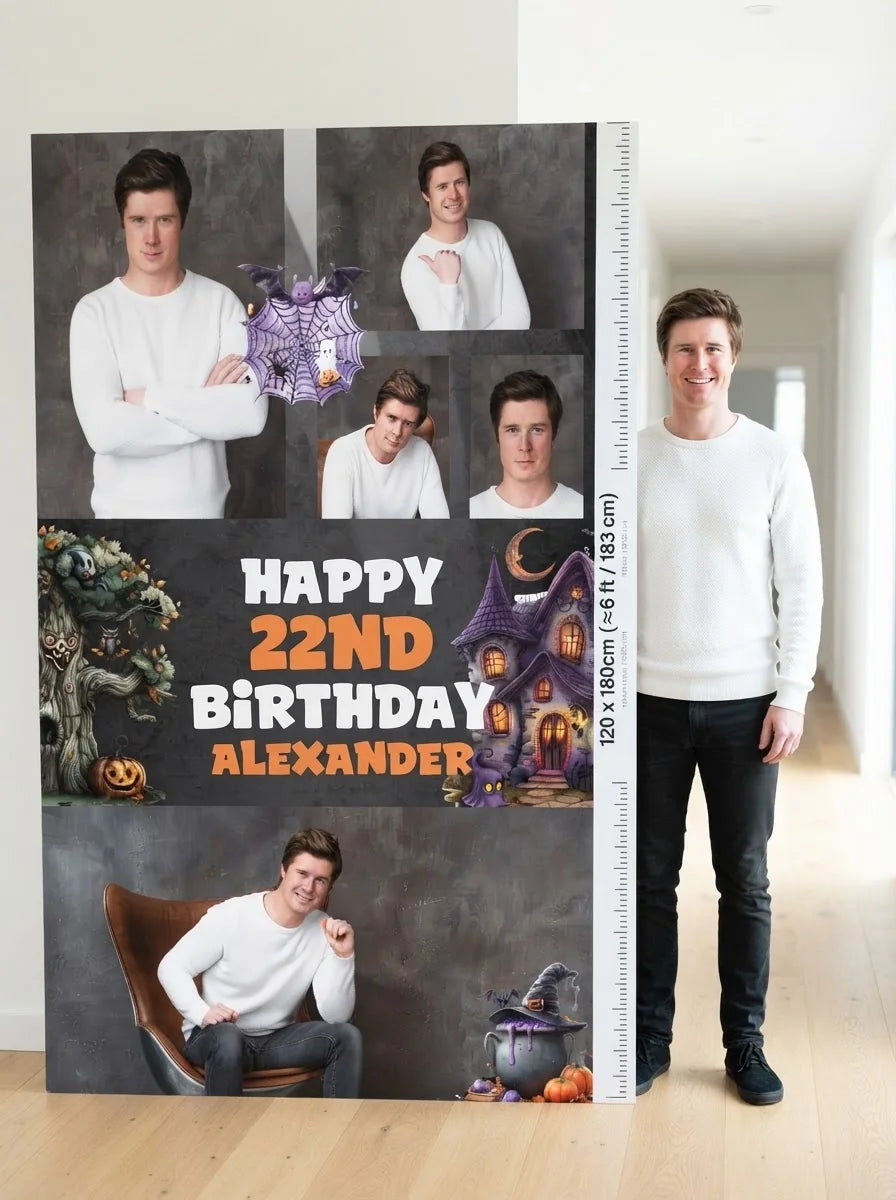 Person standing beside the Halloween Haunted Birthday Party Mega Card for scale in a size guide