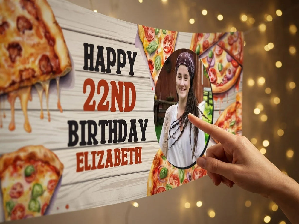 Close-up of the personalised name and photo printed on the Pizza Theme Birthday Party Banner