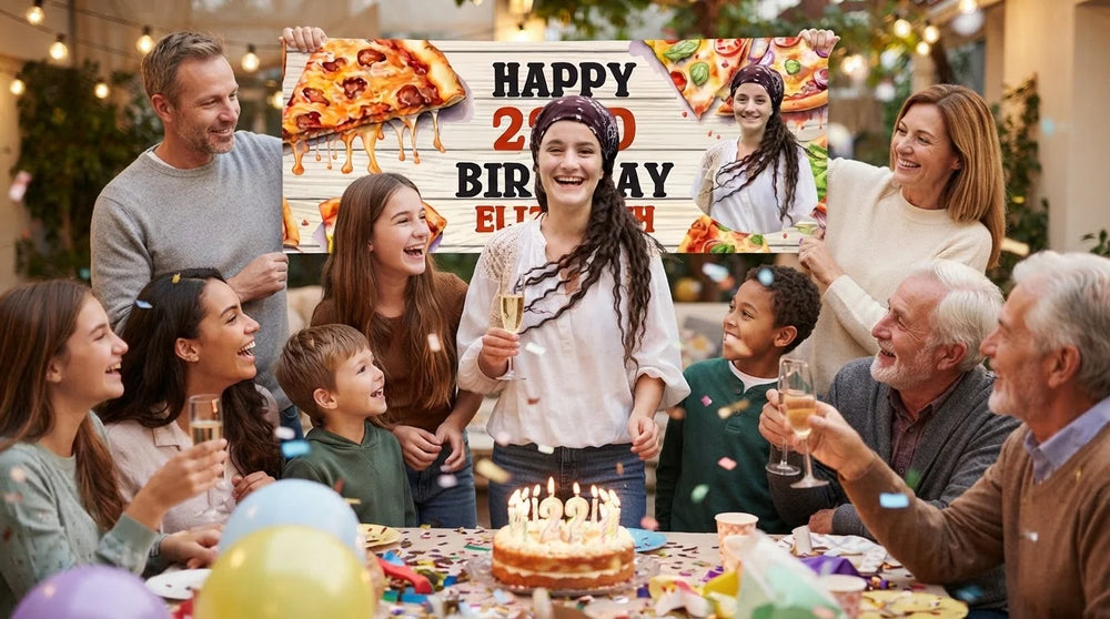 Friends and family celebrating with the personalised Pizza Theme Birthday Party Banner