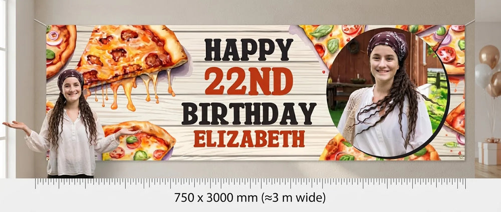 Person standing beside the Pizza Theme Birthday Party Banner for scale, with size guide showing 750 x 3000 mm