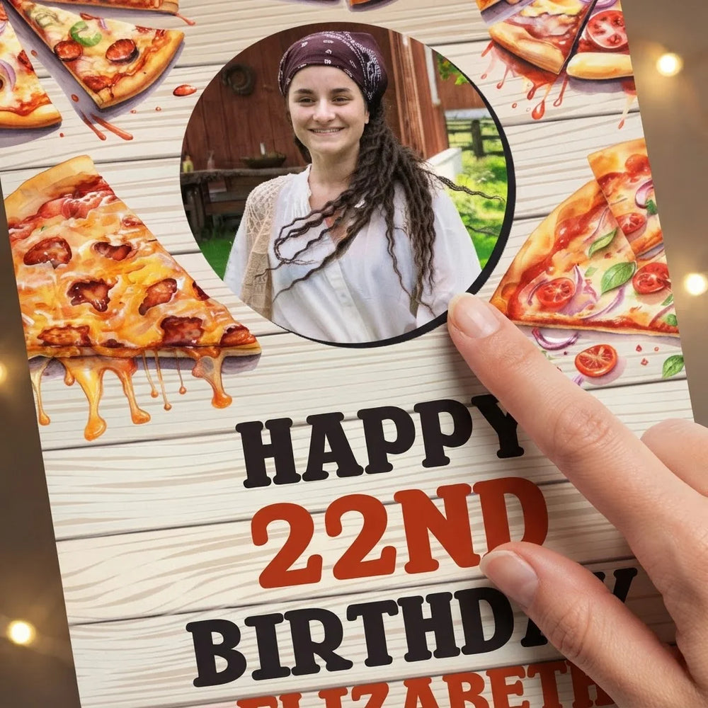 Close-up of the personalised name and photo printed on the Pizza Theme Birthday Party Mega Card