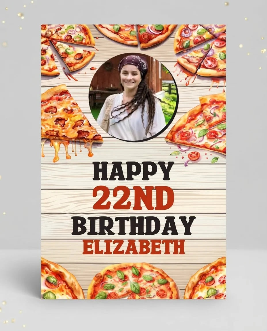 Personalised Pizza Theme Birthday Party Mega Card displayed against a plain studio background