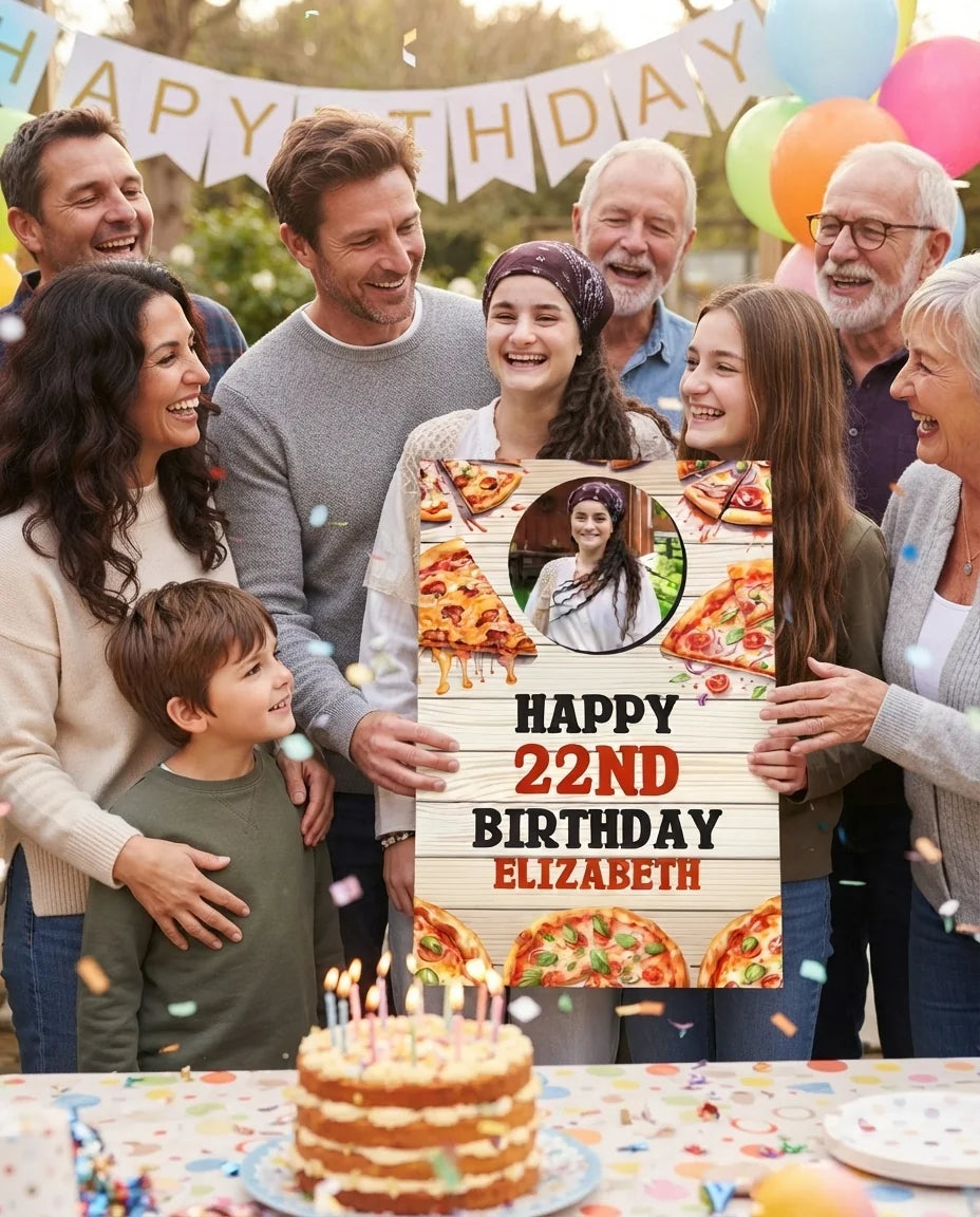Friends and family celebrating with the personalised Pizza Theme Birthday Party Mega Card