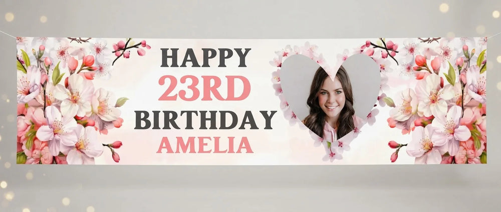 Personalised Cherry Blossoms Birthday Party Banner displayed against a plain studio background