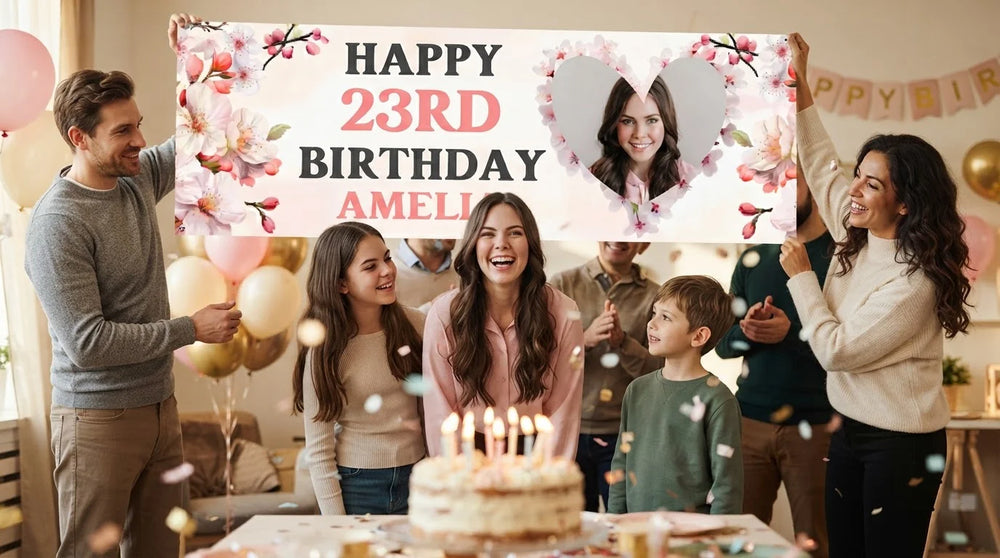 Friends and family celebrating with the personalised Cherry Blossoms Birthday Party Banner