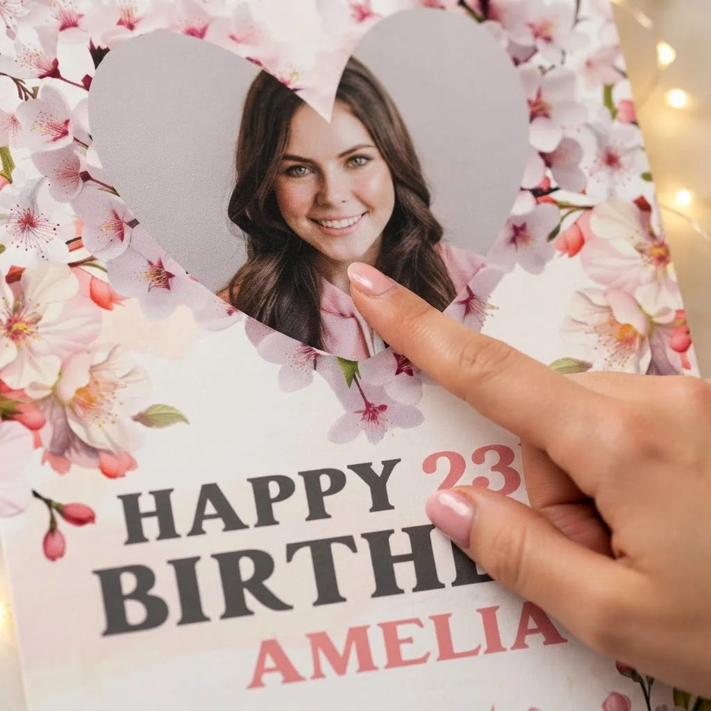 Close-up of the personalised name and photo printed on the Cherry Blossoms Birthday Party Mega Card