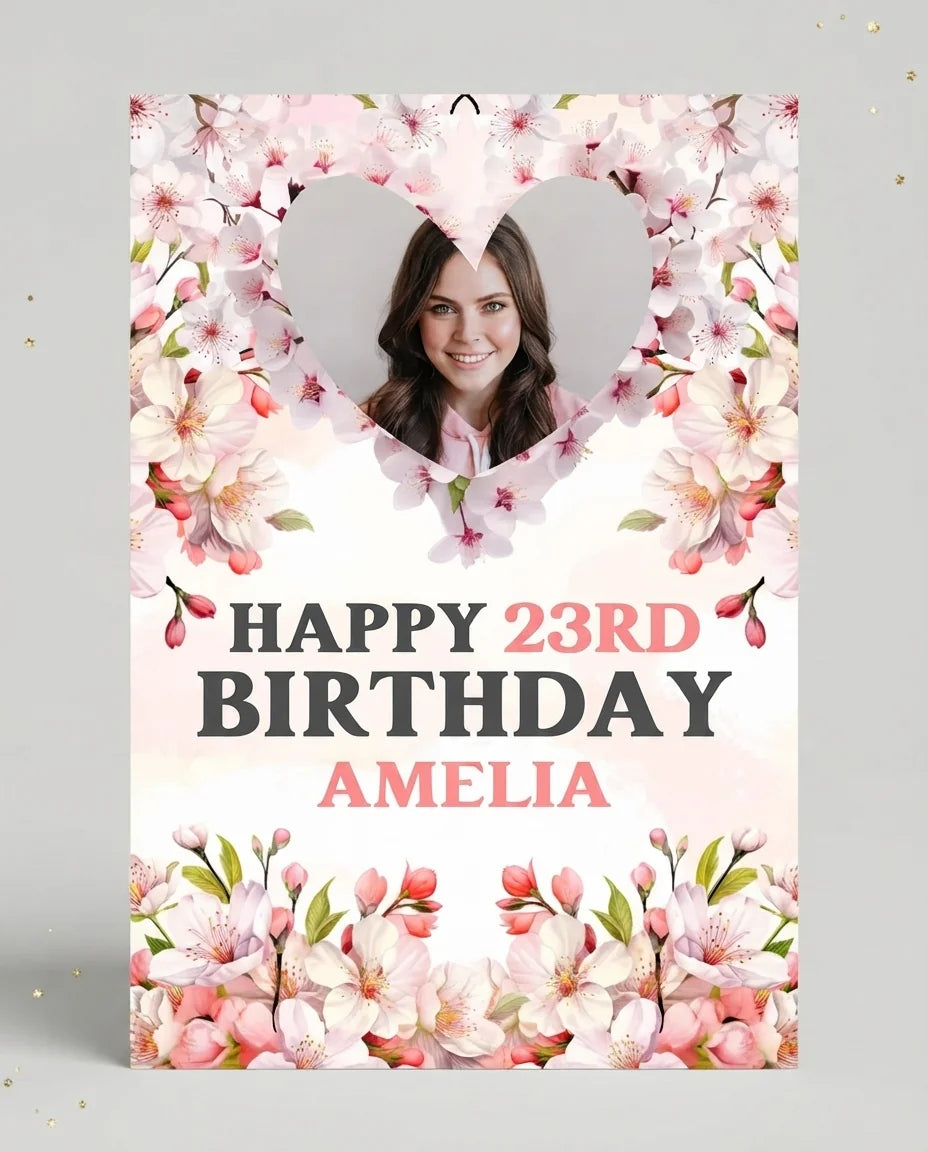Personalised Cherry Blossoms Birthday Party Mega Card displayed against a plain studio background
