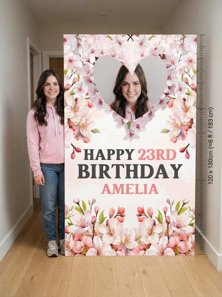 Person standing beside the Cherry Blossoms Birthday Party Mega Card for scale in a size guide