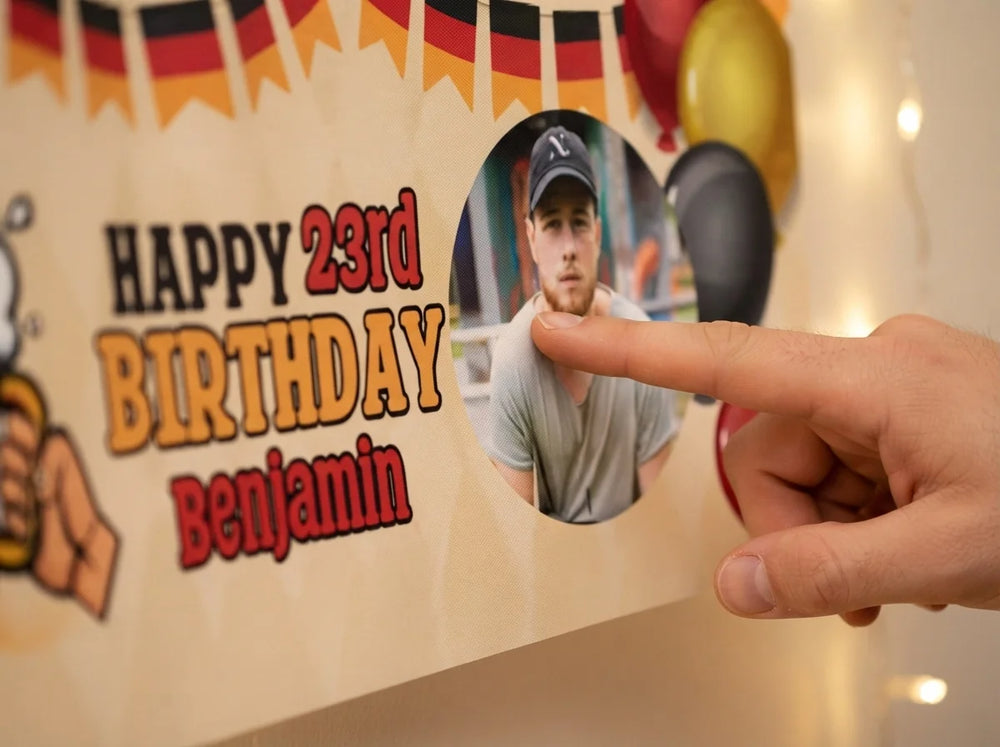 Close-up of the personalised name and photo printed on the Oktoberfest Cheers Birthday Party Banner
