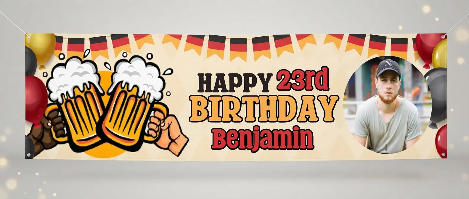 Personalised Oktoberfest Cheers Birthday Party Banner displayed against a plain studio background