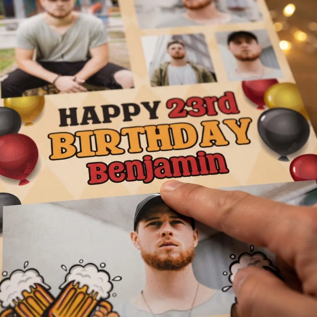 Close-up of the personalised name and photo printed on the Oktoberfest Cheers Birthday Party Mega Card