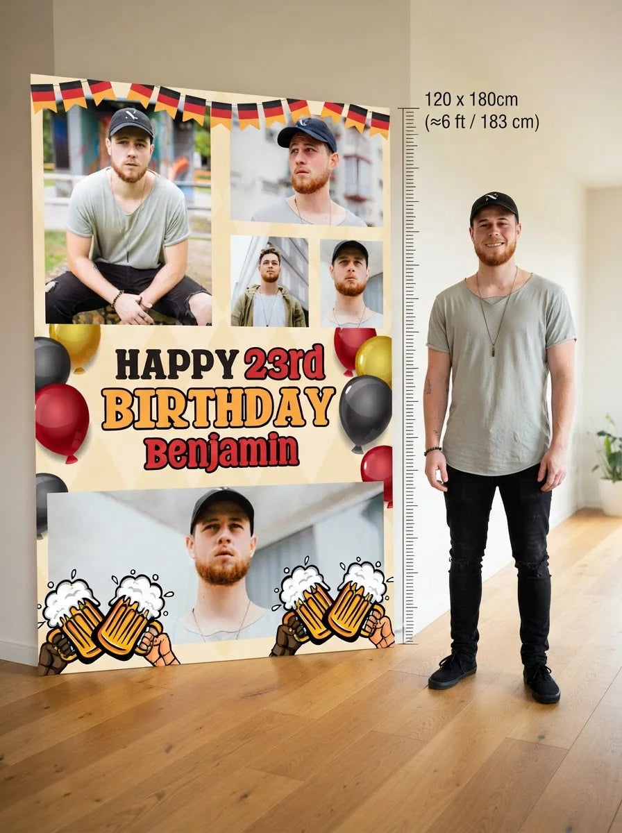 Person standing beside the Oktoberfest Cheers Birthday Party Mega Card for scale in a size guide