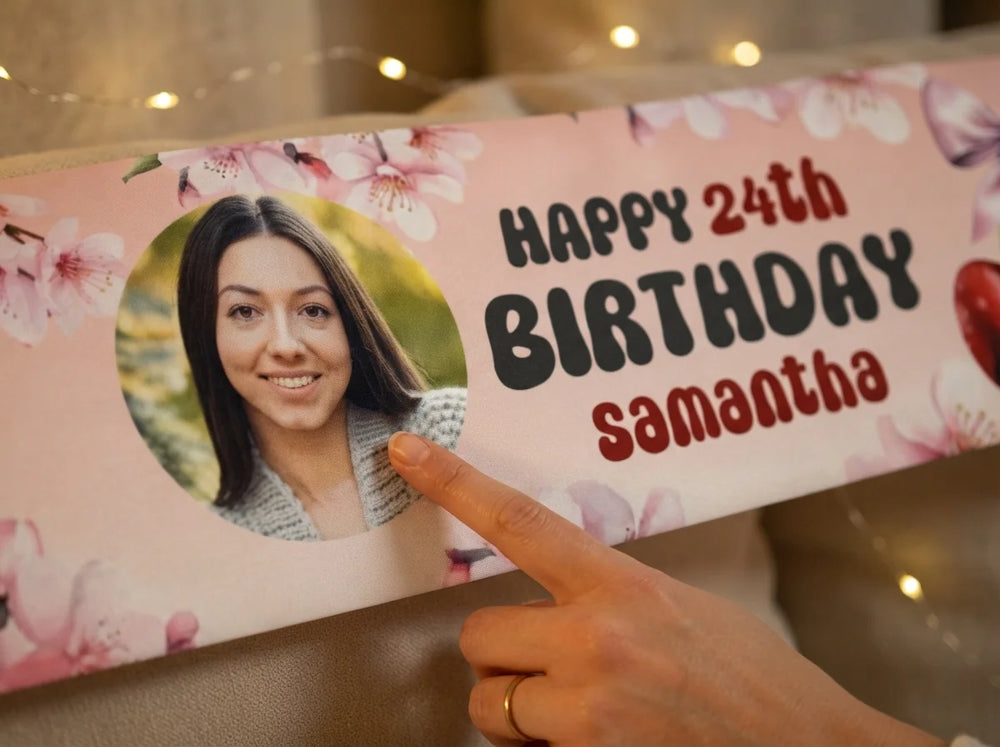 Close-up of the personalised name and photo printed on the Cherry Theme Birthday Party Banner