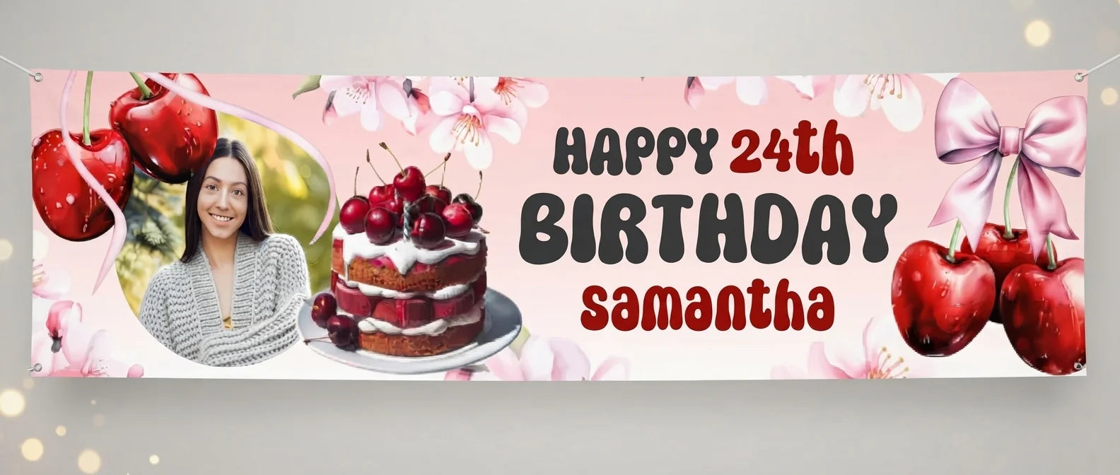 Personalised Cherry Theme Birthday Party Banner displayed against a plain studio background