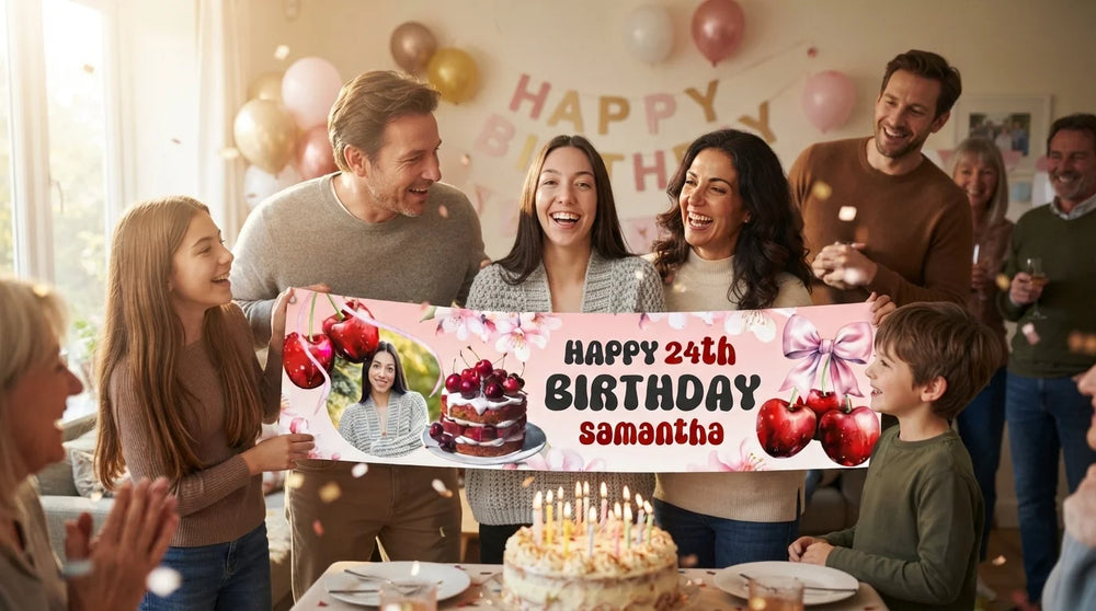 Friends and family celebrating with the personalised Cherry Theme Birthday Party Banner