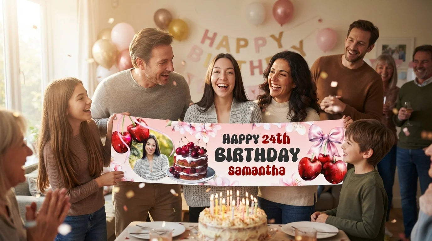 Friends and family celebrating with the personalised Cherry Theme Birthday Party Banner