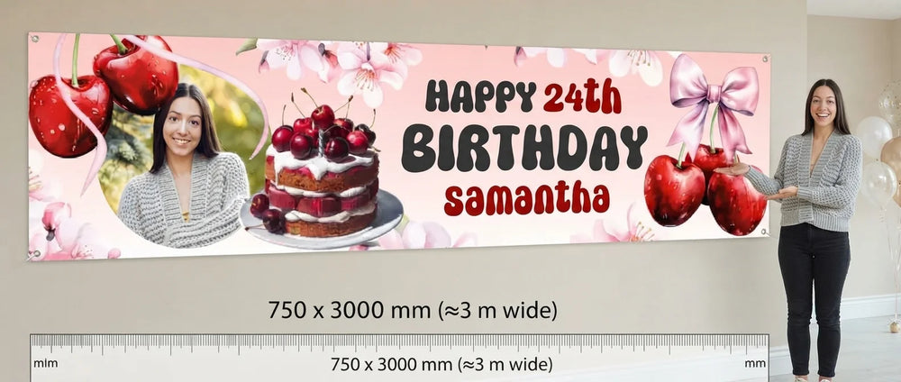 Person standing beside the Cherry Theme Birthday Party Banner for scale, with size guide showing 750 x 3000 mm