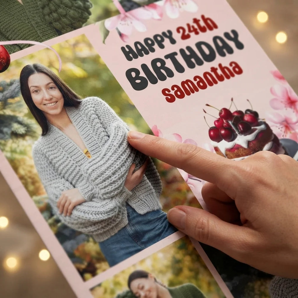 Close-up of the personalised name and photo printed on the Cherry Theme Birthday Party Mega Card
