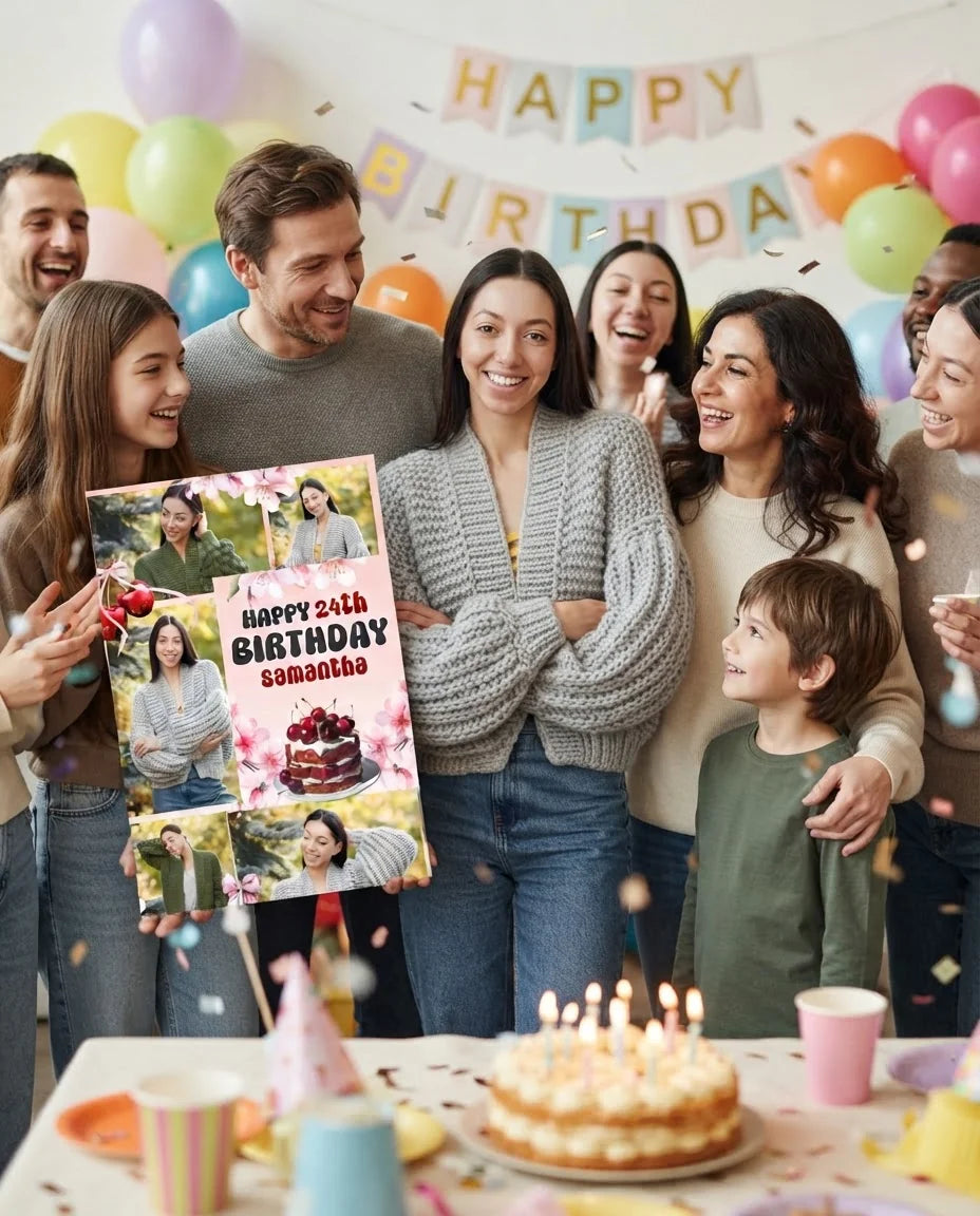 Friends and family celebrating with the personalised Cherry Theme Birthday Party Mega Card