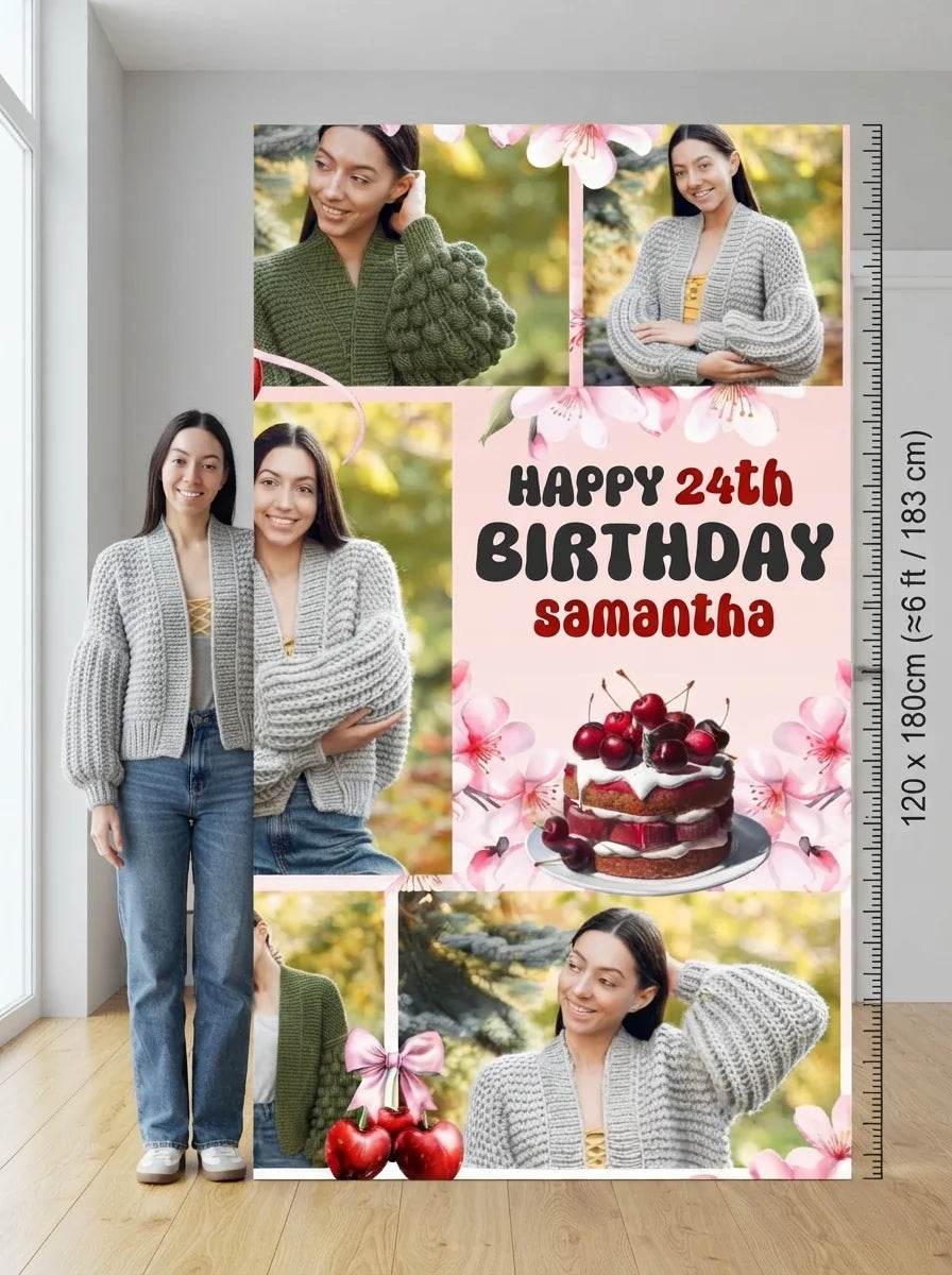 Person standing beside the Cherry Theme Birthday Party Mega Card for scale in a size guide