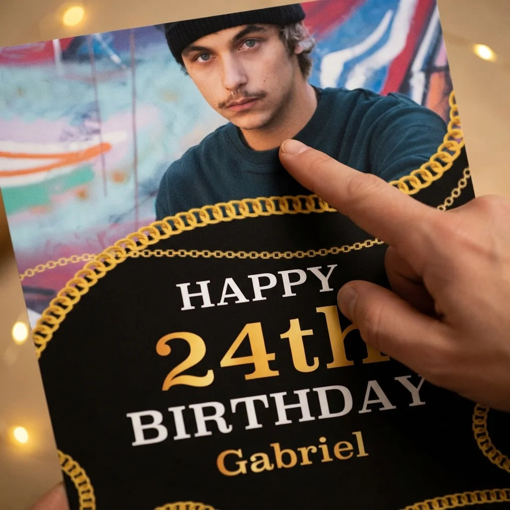 Close-up of the personalised name and photo printed on the Hip Hop Birthday Party Mega Card