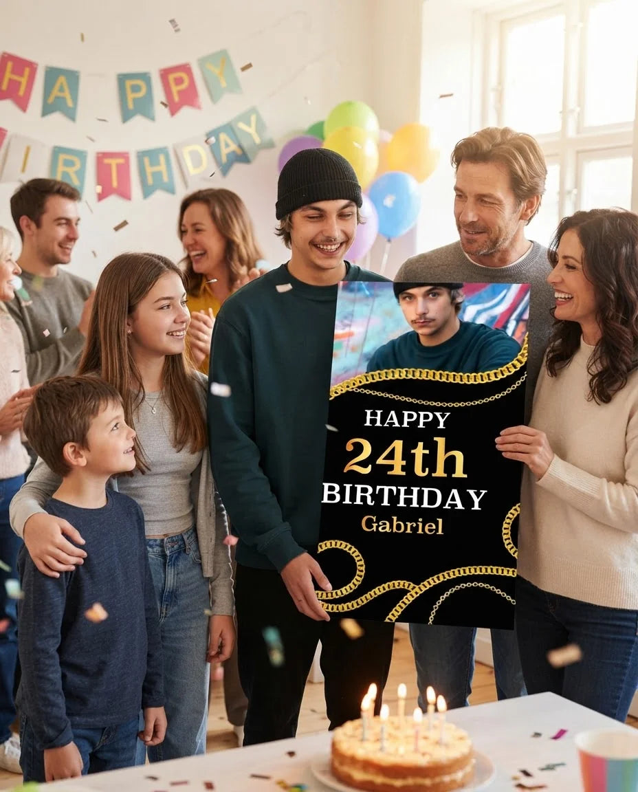 Friends and family celebrating with the personalised Hip Hop Birthday Party Mega Card