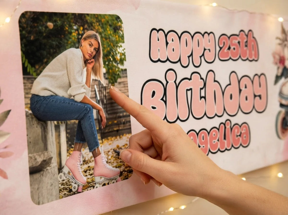 Close-up of the personalised name and photo printed on the Floral Roller Skates Birthday Party Banner